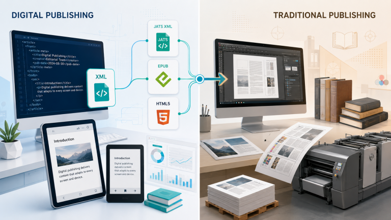 Digital publishing vs traditional publishing workflow comparison - XML-first multi-format output vs print-first production, 2026