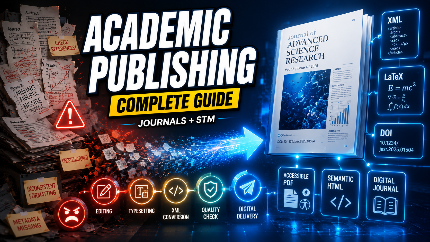 Academic publishing services workflow covering editing, typesetting, JATS XML and journal production
