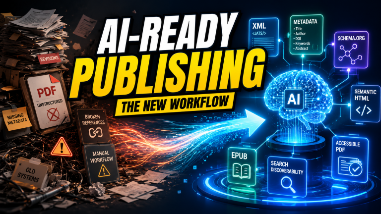 AI-ready digital publishing workflow connecting XML, metadata, schema, HTML, EPUB and PDF formats.