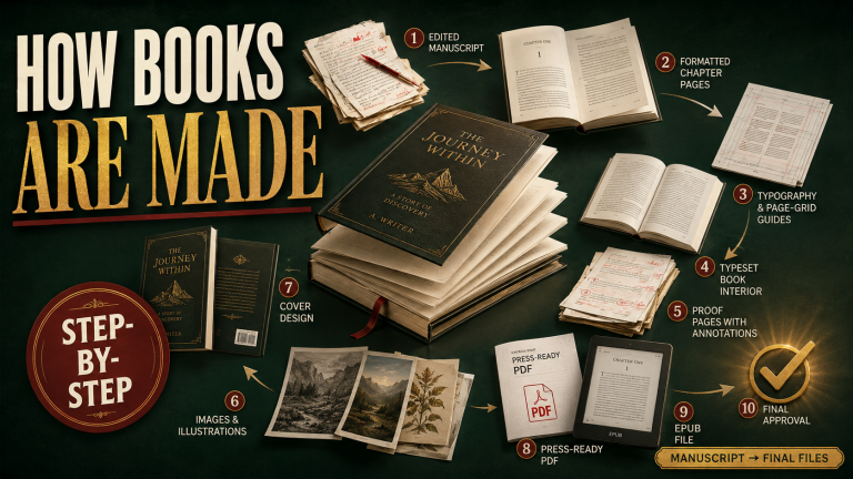 Book production services transforming an edited manuscript into typeset pages, proofs, EPUB and final publication files