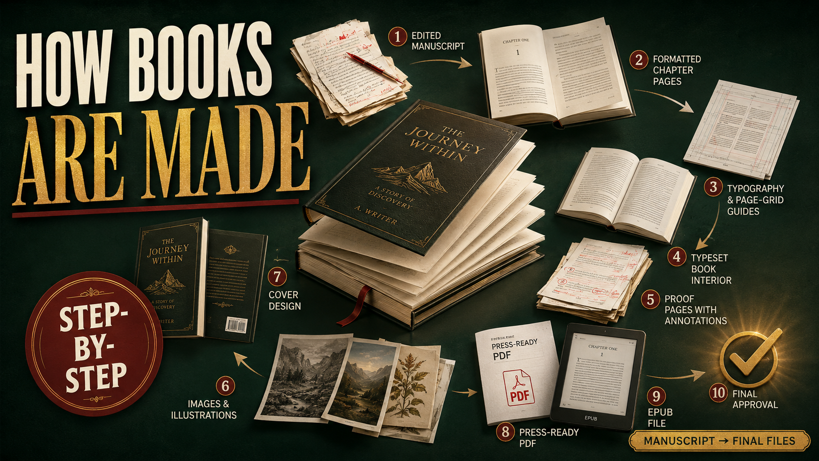 Book production services transforming an edited manuscript into typeset pages, proofs, EPUB and final publication files