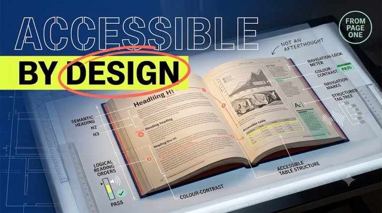 Open book with accessibility design overlays for headings, reading order, alt text, colour contrast, EPUB and PDF/UA
