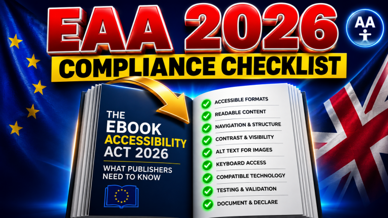 The European Accessibility Act 2026 EPUB compliance checklist: open ebook with green tick-mark checklist, red "EAA 2026" headline and WCAG AA badge