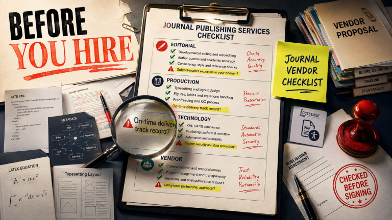 Journal publishing services checklist covering editorial, production, technology and vendor evaluation