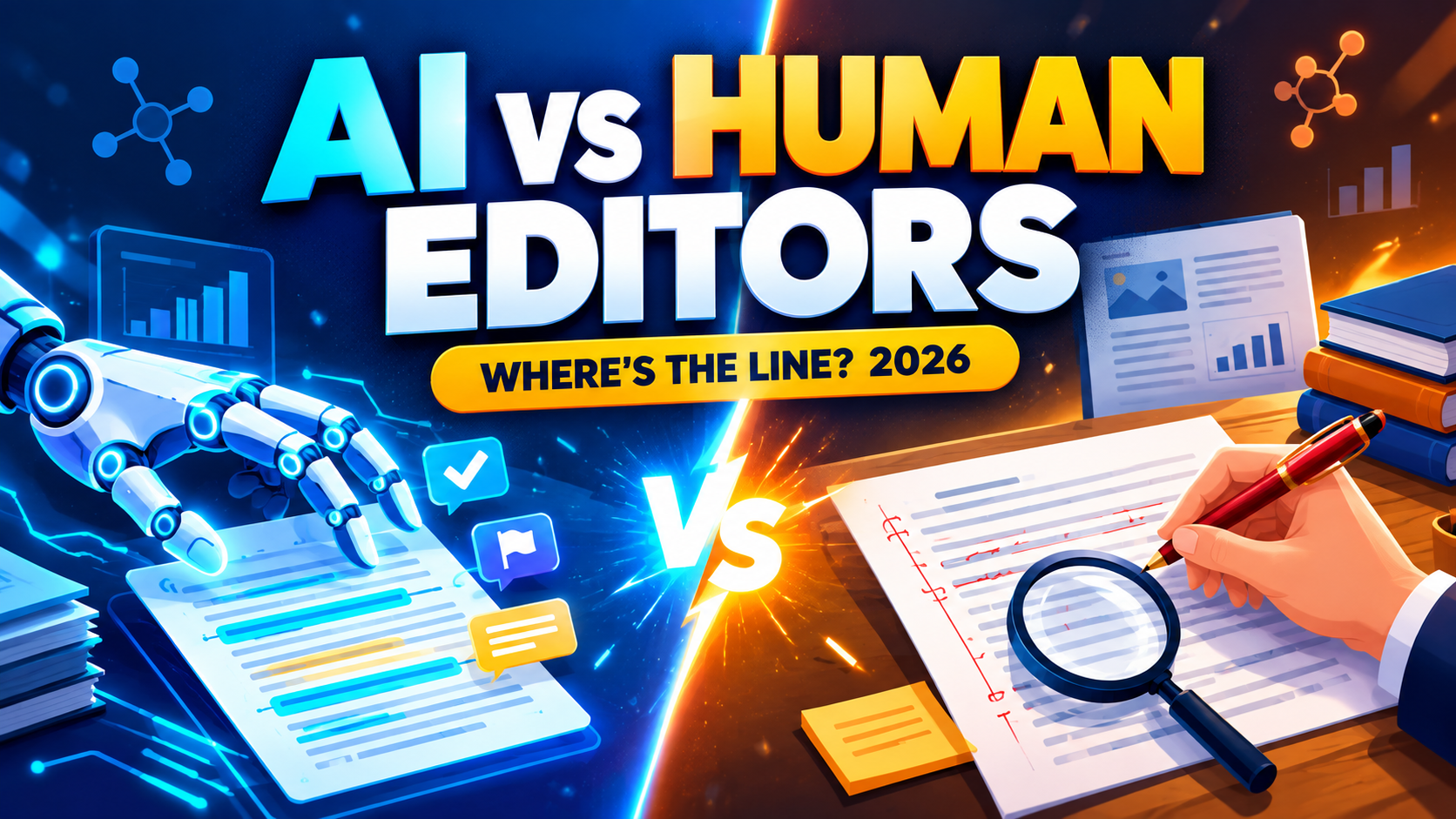 AI versus human editors split-screen banner showing a robot hand and an editor's red pen over an academic manuscript
