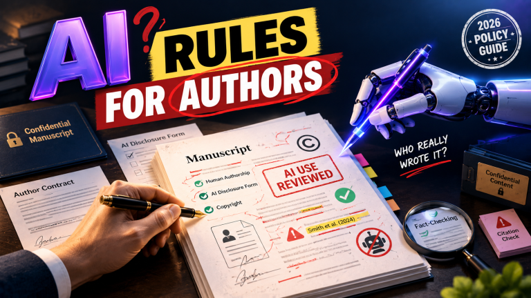 Human and robotic hands reviewing a manuscript under a publisher’s AI-use policy