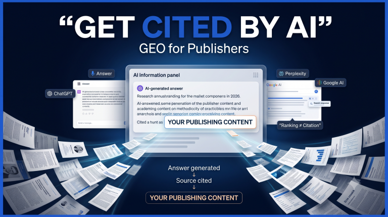 Glowing 3D book cited by AI chat bubbles — generative engine optimization for publishers