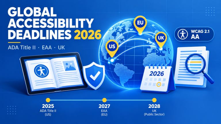Poster showing EU, US and UK accessibility deadlines for publishers in 2026