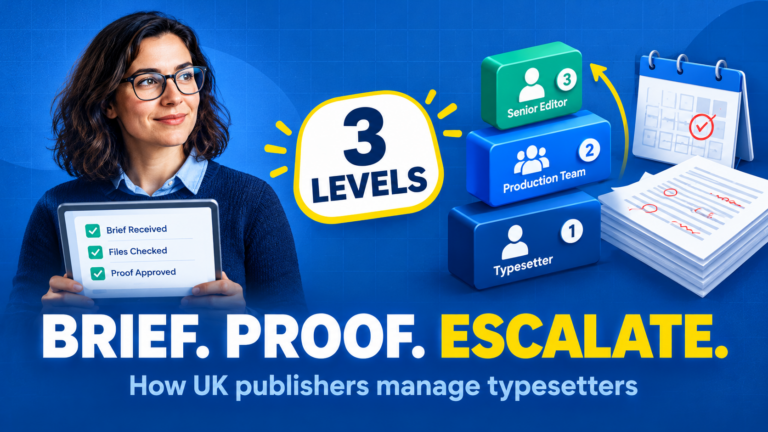 YouTube-style poster showing a brief checklist, proof pages and a three-level escalation ladder for UK publishers managing typesetters