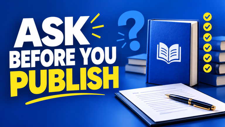 Editorial poster of a contract with twelve numbered checkmarks and a fountain pen, for questions to ask a book publication company