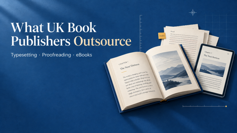 Editorial poster of a book, ebook tablet and proof pages representing what UK book publishers outsource
